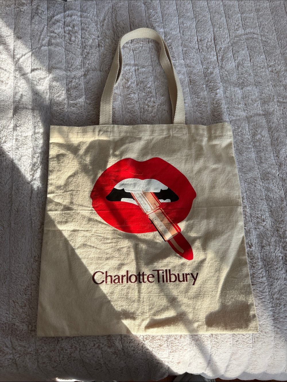 Charlotte Tilbury Cream Canvas Tote with Red Lip Graphic